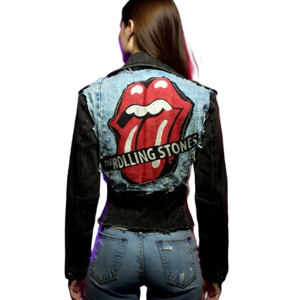Handcrafted Rolling Stones Denim Jean Moto Upcycled Distressed Jacket